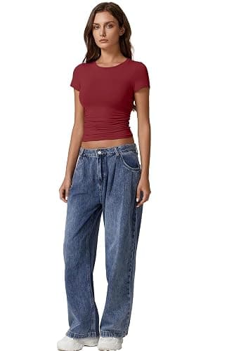 QINSEN Short Sleeve Shirts for Women Round Neck Basic Double Lined Tees Fitted Y2k Crop Tops thumbnail 6