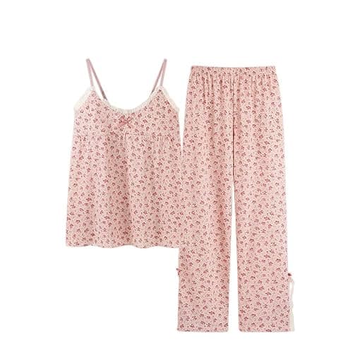 Zweiteiliger Pjs Sets Hausanzug, Kurzer Pyjama Für Damen, Sexy, Atmungsaktiv, Zweiteilig, Niedlich, Rosa, Floral, Pyjama-Set, Spitze, Cami-Oberteil, Pyjamahose, Loungewear, Sommerkleidung Für Dame - Image 1
