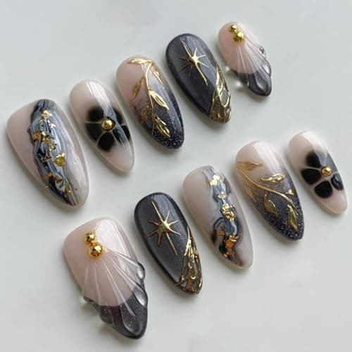 MouyouGlow Press on Nails Kurz,Almond Schwarz Glitzer French 3D Gold Sterne Blumen Floral Design Mandel Y2k Fake Nails,Black Tips Star Bling INS Sweet Künstliche Fingernägel - Image 1