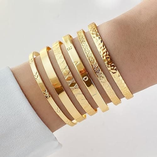 KISS WIFE Golden Bangles for Women, Adjustable Bangle Bracelets, Multi Layer Open Stackable Cuff Bracelet Set, Fashion Accessories Jewelry Gifts for Women thumbnail 2
