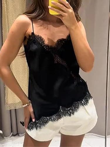 Women Lace Trim Satin Tank Top V Neck Silk Camisole Tops Asymmetrical Backless Spaghetti Strap Tank Shirts Date Outfits thumbnail 7