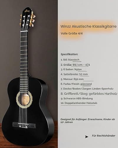 Winzz Konzertgitarre 4/4 Erwachsene, Klassische Gitarre Anfänger Set für Kinder ab 11+ Jahre - Schwarz Glänzend (39 Zoll) thumbnail 2