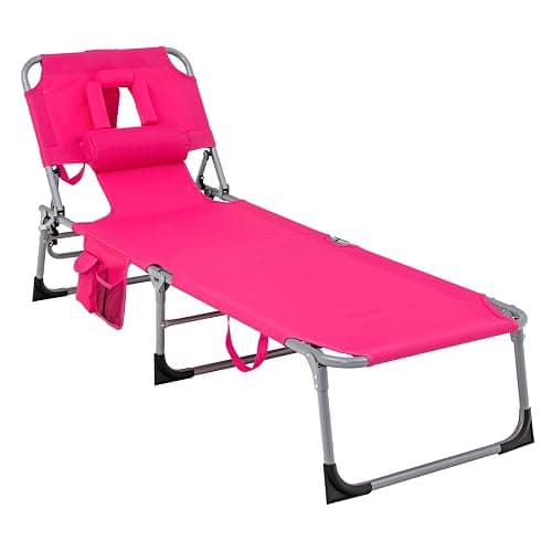 GYMAX Tanning Chair, Folding Beach Lounger with Face Arm Hole, Adjustable Backrest, Side Pocket, Pillow & Carry Handle, Outside Sunbathing Lounge Chair for Patio, Poolside, Lawn (1, Pink) - Image 1