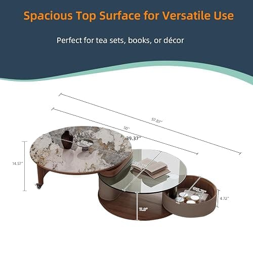 Round Coffee Table for Living Room, Modern Marble Top Expandable Coffee Table with Hidden Storage, No Assembly Required Center Table, Rolling Living Room Tables (Walnut & Marble) thumbnail 2