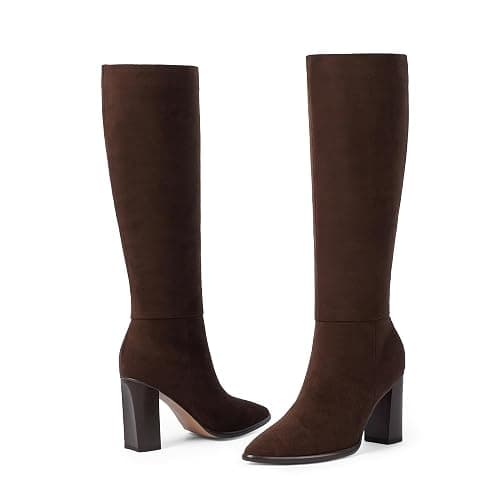 Easyfox Knee High Boots Women Pointed Toe Chunky Heel Fall Tall Boots Side Zipper Faux Leather Long Boots for Women thumbnail 4