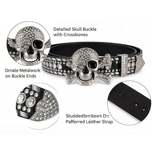 Xsoyad Rhinestone Skull Belt Men Women Skull Rhinestone Belt Studded Punk Y2k Belts Western Cowgirl Belts thumbnail 5