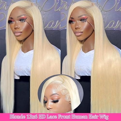 26 Inch 613 Lace Front Wig Human Hair Blonde 13X6 HD Transparent Lace Front Wigs Human Hair 180% Density Blonde Glueless Wigs 613 HD Straight Lace Frontal Wig Pre Plucked thumbnail 2