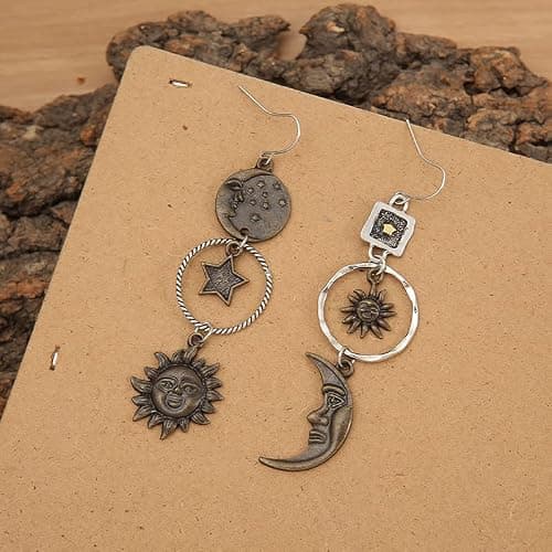 Vintage Sun Moon Star Dangle Earrings for Women, Greek Mythology Asymmetric Drop Earrings (Gold) thumbnail 6