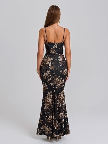 EYNMIN Women's Sleeveless Bodycon Corset Maxi Dress Spaghetti Strap Ruched Elegant Evening Wedding Guest Long Formal Dresses - Small - Black Floral thumbnail 4