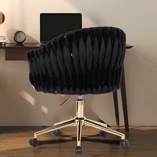 Comermax Velvet Office Chair with Hand Woven, Black Vanity Chairs with Golden Wheels, 360° Swivel Home Office Desk Chair Computer Chairs, Accent Chair Makeup Chair for Bedroom, Living Room(Black) thumbnail 7