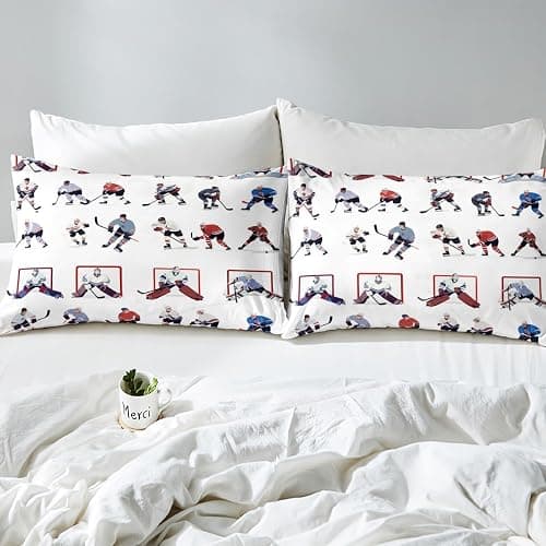 Ice Hockey Sheet Set Twin Kids Sports Event Bedding Set Hockey Player Bed Sheets for Boys Bedroom Decor Soft Winter Sports Hockey Puck Bed Set (Twin Flat Sheet & Fitted Sheet with 1 Pillow Case) thumbnail 5
