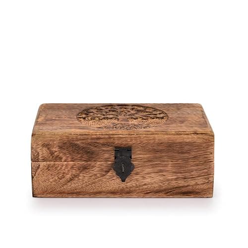 Samhita Handmade Mango Wood Tree of Life Engraving Beautifully Keepsake Box Jewellery Organiser Unique Gift Ideas for Men & Women (Flame Work Finish) thumbnail 4