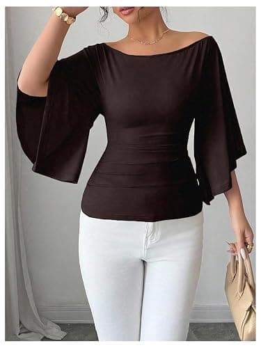 OYOANGLE Women's Batwing Bell Sleeve Tops Off The Shoulder T Shirts | 2026 Trendy, Slim Fitted, 3/4 Sleeves, Fall, Dressy, Casual, Blouses thumbnail 5