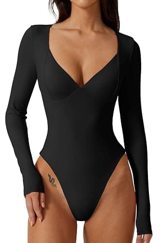 QINSEN Women's Long Sleeve Bodysuit V Neck Body Suits Seamed Cup Going Out Tops Shirt - Image 1