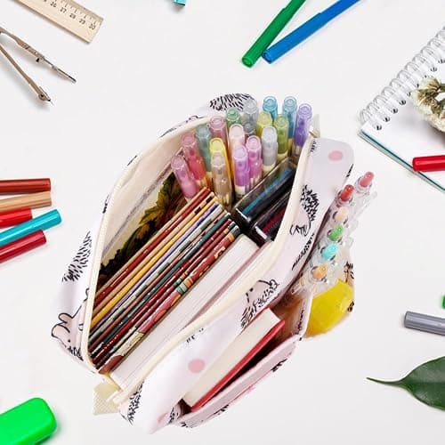 E-WEICHEN Multiple Pockets Portfolio Organizer with Zippered, Makeup Bag Travel Essentials for Women, Simple Waterproof Stationery Pencil Pouch Bag for Journal Office Art Supplies.Pink Hedgehog thumbnail 2