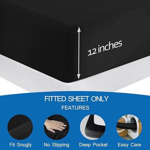 Twin Fitted Sheet Only, Twin Size Sheets for Kids Up to 14 Inches Deep Procket, Single Bed Mattress Sheets Stretchable Breathable Jersey Knit Cover, Black thumbnail 5