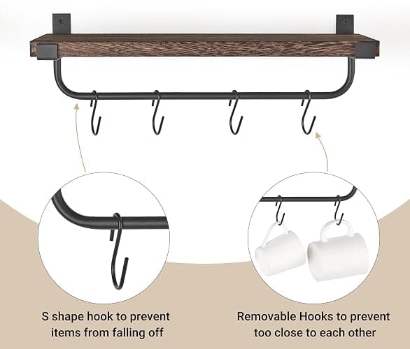 Mkono Mug Holder Wall Mounted Coffee Mug Rack Set of 2 Rustic Floating Shelf for Coffee Bar Accessories Wood Tea Cup Hooks Hanger for Organizing Cooking Utensils, Home Kitchen Decor, Brown thumbnail 6