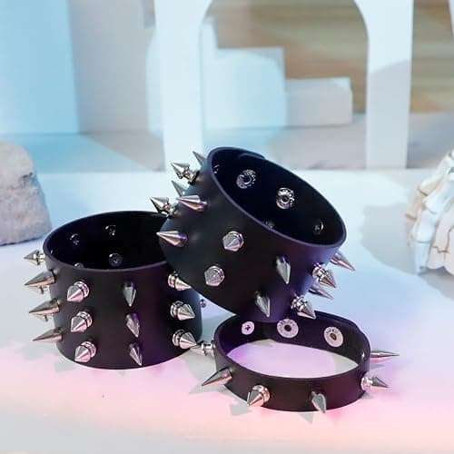 Manfnee Punk Gothic Bracelet for Men Women Leather Spike Rivet Metal Studded Wristbang Cuff Black thumbnail 5