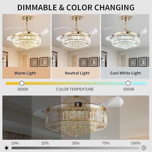 Deliyfans 42'' Fandelier Ceiling Fans with Light, Chandelier Ceiling Fan, Retractable Crystal Ceiling Fan for Bedroom, Living Room, 3 Color Change, LED Dimmable, 6 Speeds, Reversible DC Motor-Gold thumbnail 3
