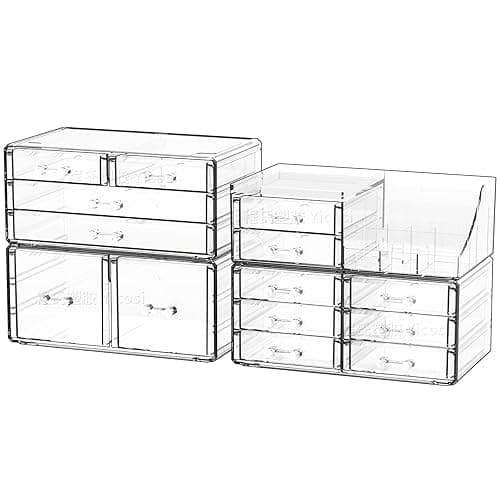 Cq acrylic Make Up Organizers for Vanity With 14 Drawers, 4 Pack Clear Drawer Organizers,Plastic Cute Desk Accessories Organization and Bathroom Organizers Storage Case Box Cube for Beauty,Skin Care - 14 Drawers-Set of 4