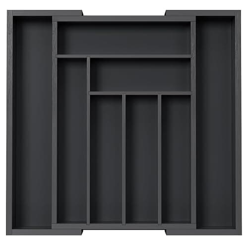 Pipishell Bamboo Expandable Drawer Organizer for Utensils Holder, Adjustable Cutlery Tray, Wood Drawer Dividers Organizer for Silverware, Flatware, Knives in Kitchen, Bedroom, Living Room(M-Black) - Image 1