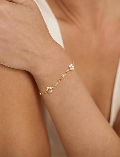 HEVOCY Gold Pearl Bracelets for Women, 14K Gold Plated Dainty Bracelet Set, Adjustable Layered Pearl & Beaded Chain Bracelets, Non Tarnish Lightweight Jewelry Gifts for Women - Image 1