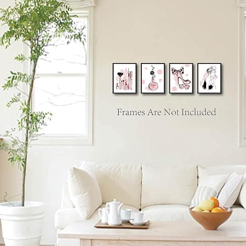 CREATCABIN 4pcs Mode Toile Mur Art Imprimer Affiche Ensemble Rose Talons Hauts Fleurs Parfum Maquillage Maison Mur Art Oeuvre Moderne pour Dressing Chambre Salle Bains Filles 8 x 10 Pouces thumbnail 7