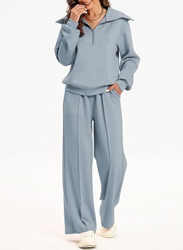 Aleumdr Two Piece Outfits Half Zip Sweatshirt Sweatsuit Lounge Sets for Women Matching Set Wide Leg Sweatpant Tracksuit thumbnail 2