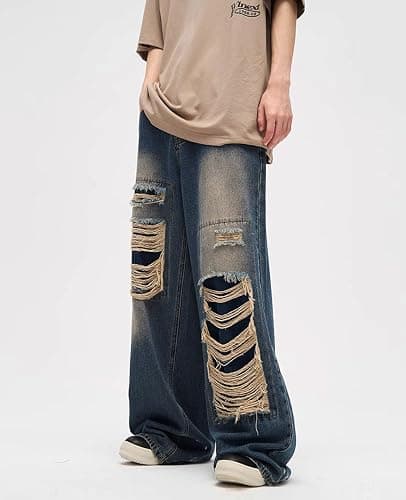 Lafaguw Baggy Jeans for Women Men Ripped Straight Leg High Waisted Pants | Baggy Jeans Y2k,Ripped Jean,High Rise,Distressed Pants,Gothic Pants,Classic 4 Pockets,Grunge Clothes,Summer Outfits thumbnail 3