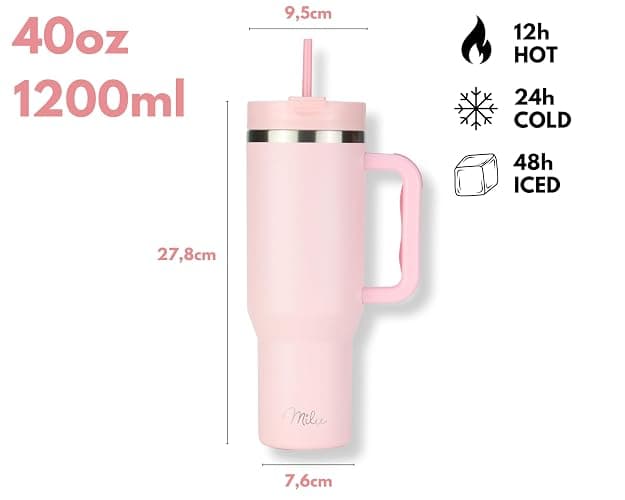 Milu Thermobecher 1,2L mit Strohhalm und Henkel – 48h Eis/24h kalt/12h heiß Edelstahl Tumbler 40oz mit Griff Isolierbecher to go Isolierflasche Trinkflasche doppelwandig isoliert (Blossom Pink, 1,2L) thumbnail 3