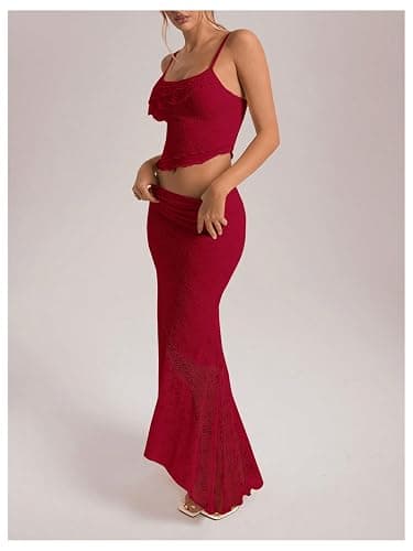GORGLITTER Women's 2 Piece Skirt Sets Lace Crop Top and Asymmetrical Bodycon Long Maxi Skirt Trendy Summer Outfits 2025 thumbnail 5