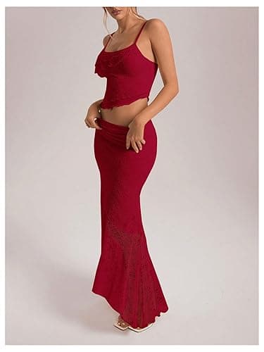 GORGLITTER Women's 2 Piece Skirt Sets Lace Crop Top and Asymmetrical Bodycon Long Maxi Skirt Trendy Summer Outfits 2025 thumbnail 6