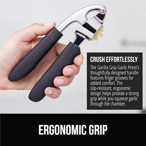 GORILLA GRIP Garlic Press and Peel Set, Heavy Duty Mincer Tool, Large Ergonomic Handle, Easily Mince, Crush Garlics Ginger Nuts, Peeler Included for Peeling Cloves, Holiday Prep Kitchen Gadgets, Black thumbnail 3