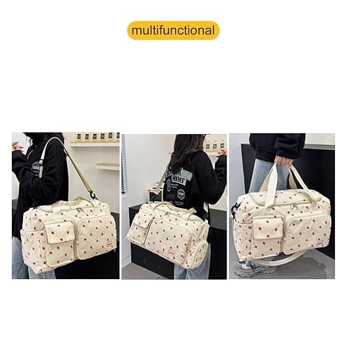 Strawberry Duffel Bag for Girls,Corduroy Gym Bag with Shoe Compartment & Wet Pocket,Cute Travel Weekend Overnight Dance Bag for Teens (white) thumbnail 8