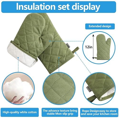 Oven Mitts and Pot Holders 4 pcs Set,High Heat Resistant 500 Degree Extra Thicken Long Kitchen Cotton Oven Glove for Cooking (12 Inch,Green) thumbnail 4