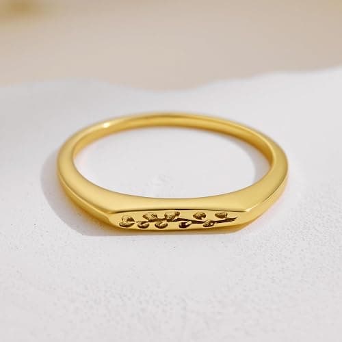 YeGieonr 14K Gold Plated Signet Rings for Women Non Tarnish 925 Sterling Silver Dainty Stackable Gold Ring, Waterproof Engraved Flower Thin Band Unique Everyday Jewelry Gift thumbnail 6