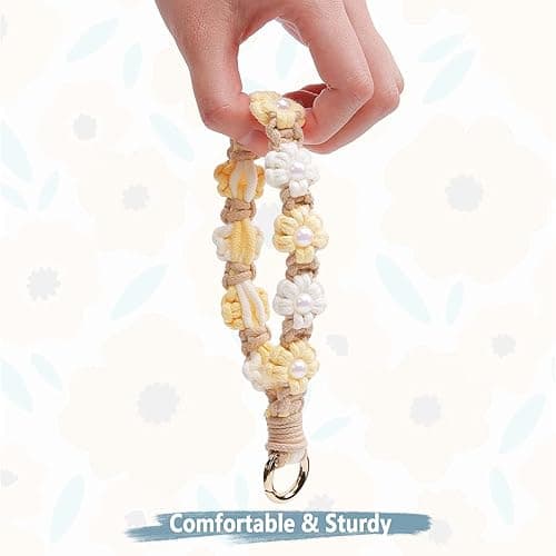 elephtree Boho Macrame Keychain Wristlet Keychain Weave Exquisite Keyring Holder Bracelet Handmade Wrist Lanyard for Women - Beige Flower With Pearl thumbnail 5