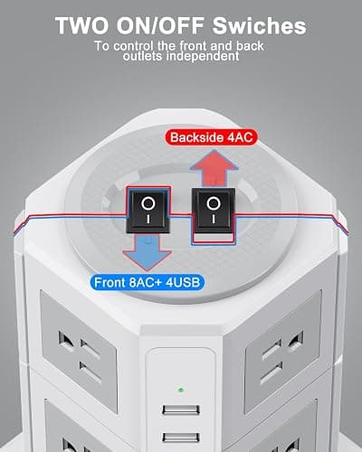 Tower Surge Protector Power Strip Flat Plugs with 8 Outlets 4 USB Ports (2 Type C), 6.5 FT Flat Extension Cord with Multiple Outlets, Charging Station with Surge Protection for Home Office Dorm thumbnail 7
