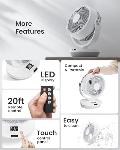 Fan for Bedroom, 13" Air Circulator Fans with Remote, 120°Vertical Manual +90°Oscillating Desk fan, 60ft Powerful Airflow, Portable Fan With 4 Speeds, 4 Modes, 12H Timer, 25dB Quiet Smallfan (White) thumbnail 8