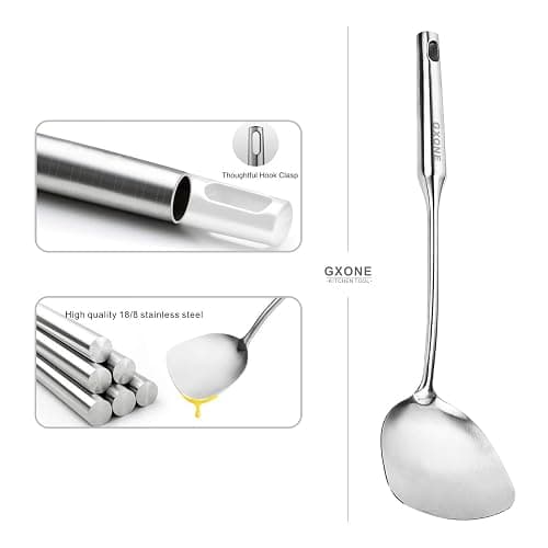 Wok Spatula Stainless Steel, Wide Metal Spatula with Hollow Long Handle Wok Utensils,Silver/14.7Inch thumbnail 4