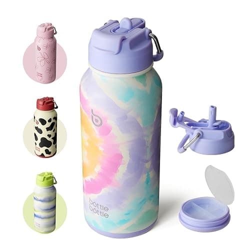 bottlebottle BOTTLE BOTTLE Botella de agua aislada de 32 onzas, botella de agua deportiva de acero inoxidable con pajilla, diseño de tapa de doble uso para gimnasio con pastillero (algodón de azúcar) - Image 1