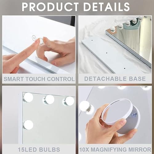 FENCHILIN Specchio Trucco con Luci Specchio Trucco con 15 Lampadine LED USB-C&A Porta di Ricarica da Parete Tavolo controllo touch 3 temperature di colore Specchio Hollywood 58x46cm thumbnail 7