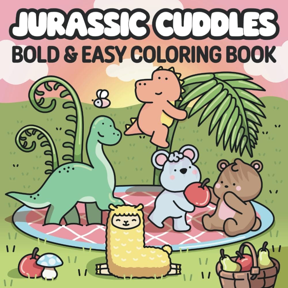 Jurassic Cuddles: Bold & Easy Coloring Book for Adults and Teens Featuring Adventures with Cute Friends and Dinosaurs - Image 1