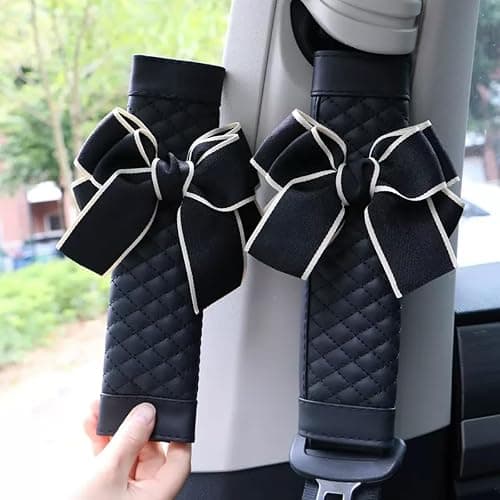 Zigihos Cute Bow Leather Car Seat Belt Cover Pads,2 Pcs & 4 Pcs Seat Belt Cover for Shoulder, Seatbelt Cushion, Car Seat Strap Pads, Seatbelt Covers for Women (Black,2) - Image 1