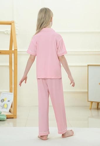 Umeyda Girls Pajamas Set Button Down Notch Collar Soft Short Sleeve Pjs Set with Long Pant Set Lounge Set thumbnail 5