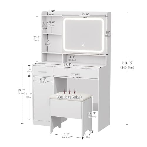 Hogxp Vanity Desk with Sliding Mirror & Power Outlets - Dimmable LED Lighting, 4 Open Shelves, 2 Drawers, 1Storage Cabinet & Padded Stool - Ideal Bedroom Makeup Dressing Table （White） thumbnail 3