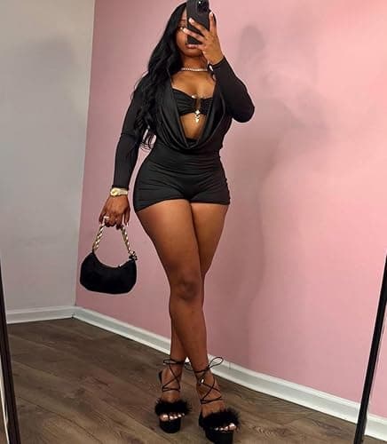 LXUAMR Jumpsuits for Women Sexy Deep V Neck Long Sleeve Romper Solid Color Bodycon Shorts Jumpsuit Going Out Outfits thumbnail 3