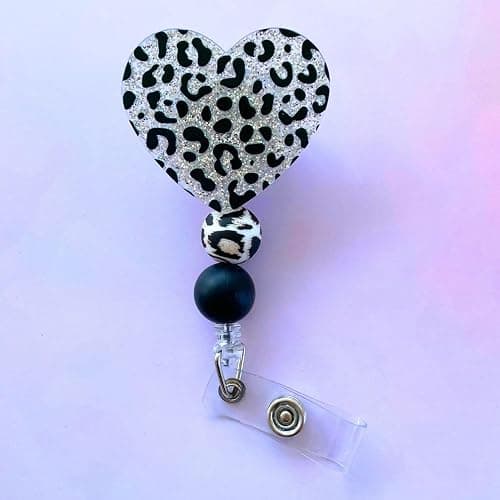 Cheetah Leopard Heart Badge Reel Holder ID Name Retractable Clip Lanyard with Cute Beaded Print Zebra Zoo Keeper Glitter Bling for Nurse Nurses CNA CMA Nursing Healthcare Silver Supplies thumbnail 4