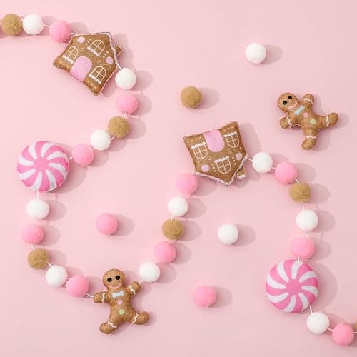 JarThenaAMCS 8.2Ft Christmas Felt Banner Cute Gingerbread Man Candy House Hanging Garland Pink Brown White Pom Ball Banner for Xmas Holiday Home Mantel Wall Decor - Image 1