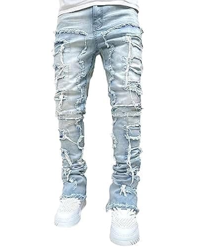 Stacked Jeans Men Skinny Ripped Jeans Slim Fit Patchwork Denim Pants Y2K Goth Harajuku Emo Hip Hop Jeans Trouser - Image 1